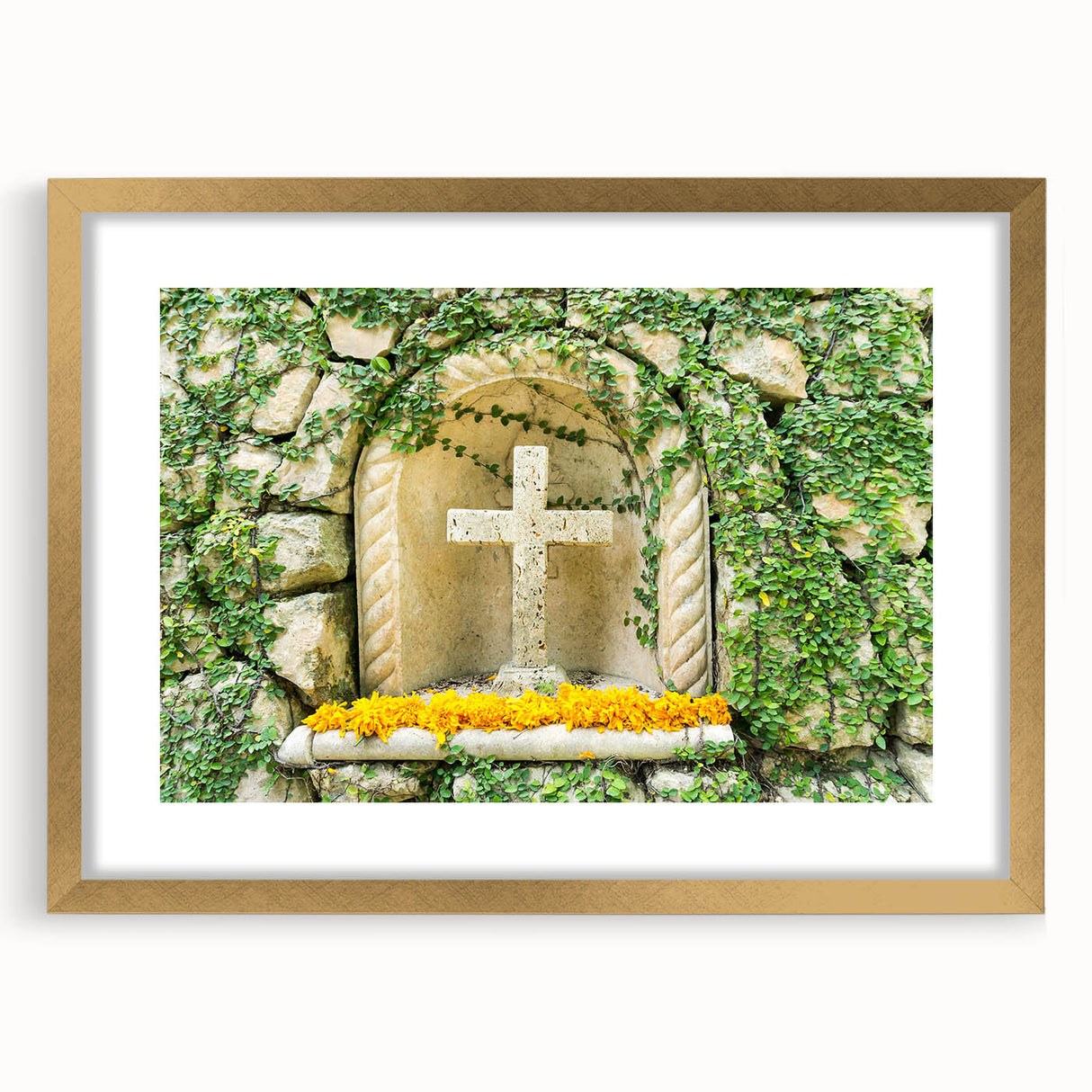 Extra large abstract art print of Quintana Roo scenery in gold frame, featuring textured blue and green tones.