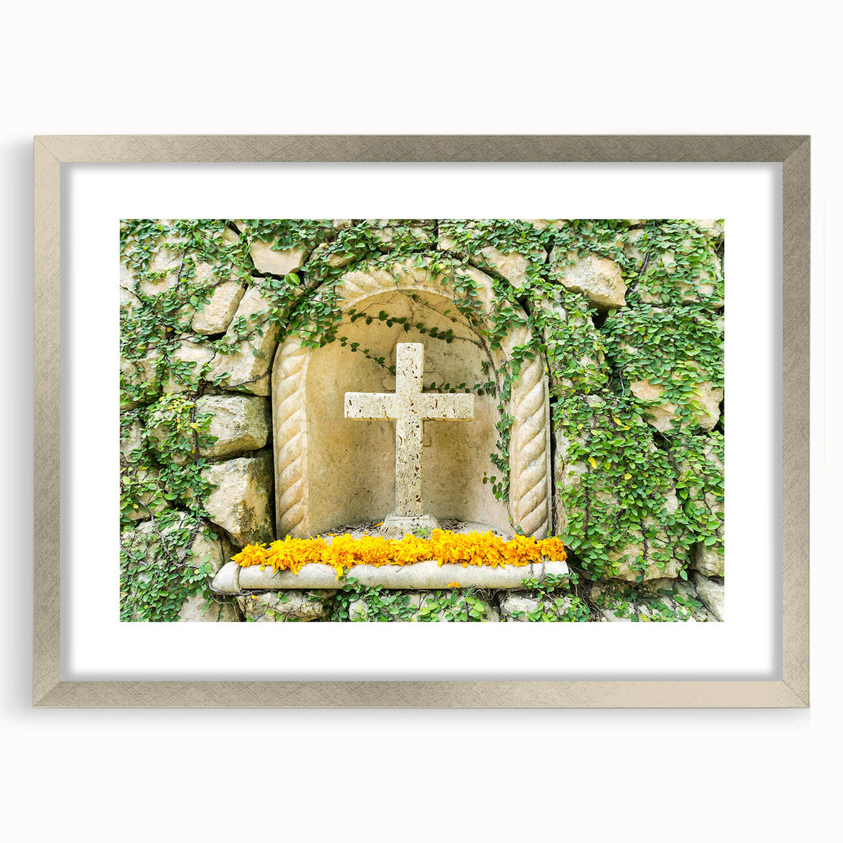 Textured abstract art print of Quintana Roo scenery in muted earth tones, framed in silver, ideal for bedroom art.