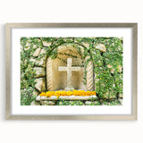Textured abstract art print of Quintana Roo scenery in muted earth tones, framed in silver, ideal for bedroom art.
