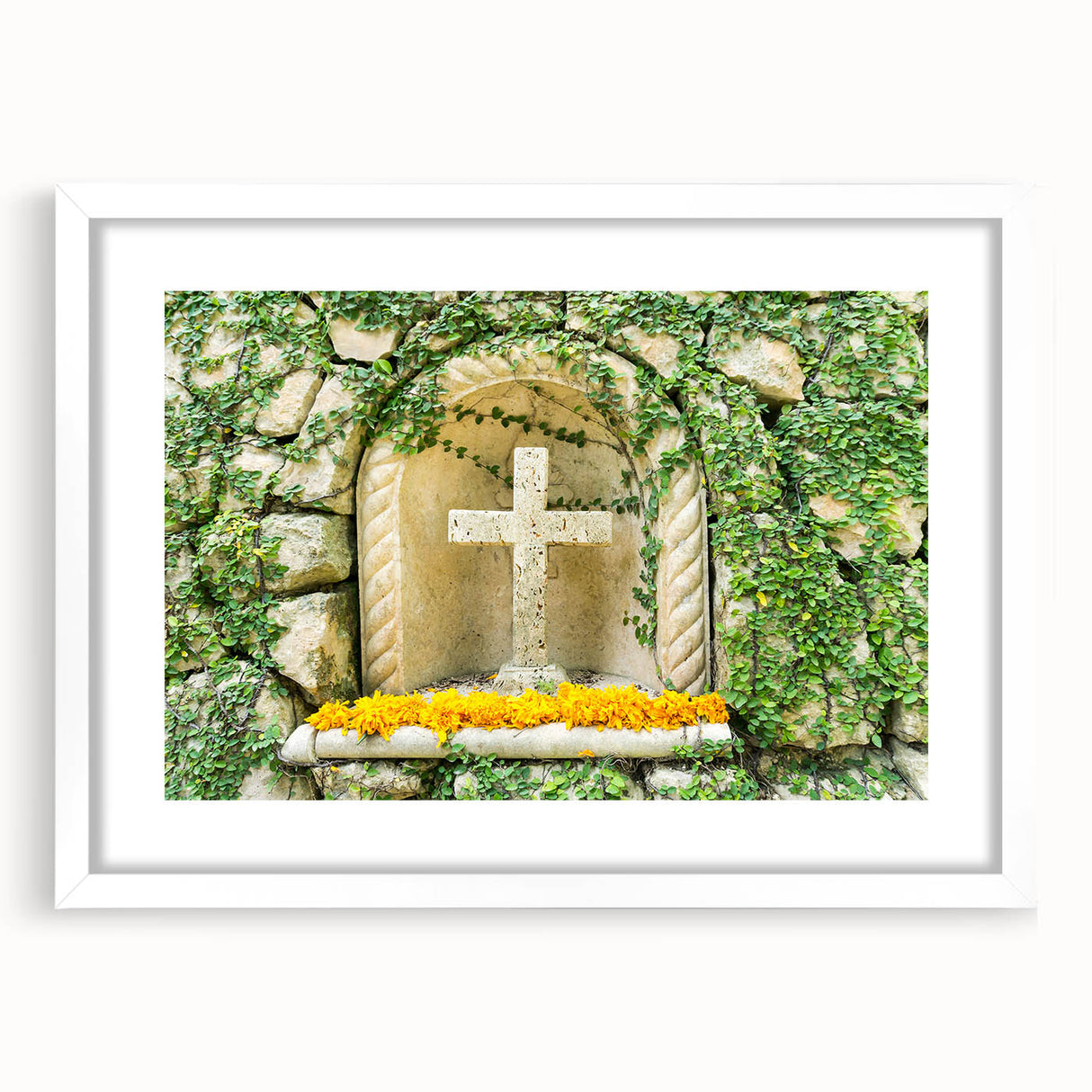 Abstract art print of Quintana Roo scenery in muted blue and green tones, framed with a white mat.