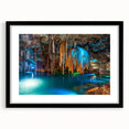 Colorful abstract art print of a Yucatan scenery in vibrant hues on a large framed canvas, ideal for living room decor.
