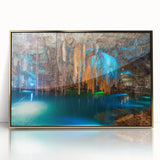 Acrylic print of Yucatan scenery in gold frame, featuring mid-century modernist style, suitable for modern art wall decor.