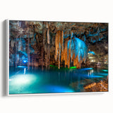 Vintage poster art of Yucatan, Mexico on a framed canvas, featuring colorful art with black accents.