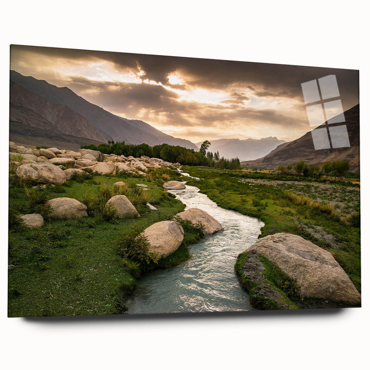 Large abstract wall art depicting a Middle Eastern landscape in muted earth tones on acrylic glass.
