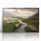 Mid-century modernist art depicting a serene Afghan landscape in muted earth tones, framed acrylic print.