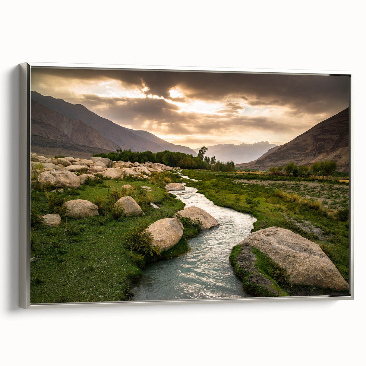 Landscape art painting of a Middle Eastern scenery in vibrant colors on a framed canvas, ideal for living room decor.