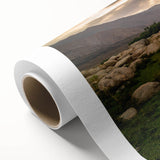 Art Deco style poster of a Middle Eastern landscape on rolled canvas, with muted earth tones.