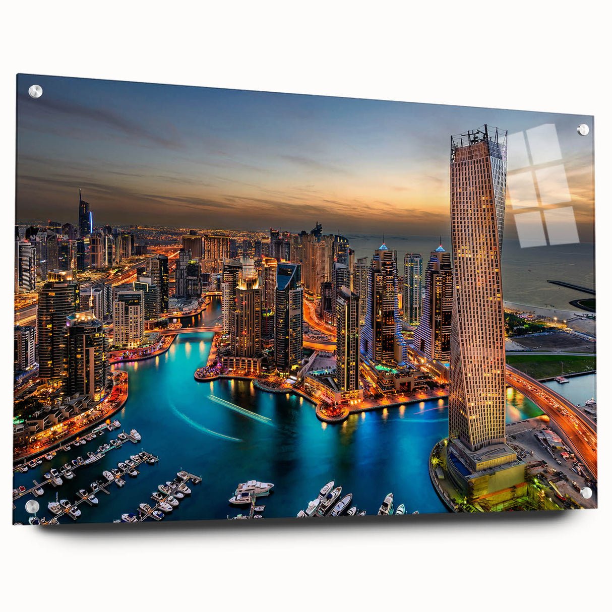 Acrylic print of Dubai skyline in muted gold and blue tones, suitable for bedroom or dining room decor.