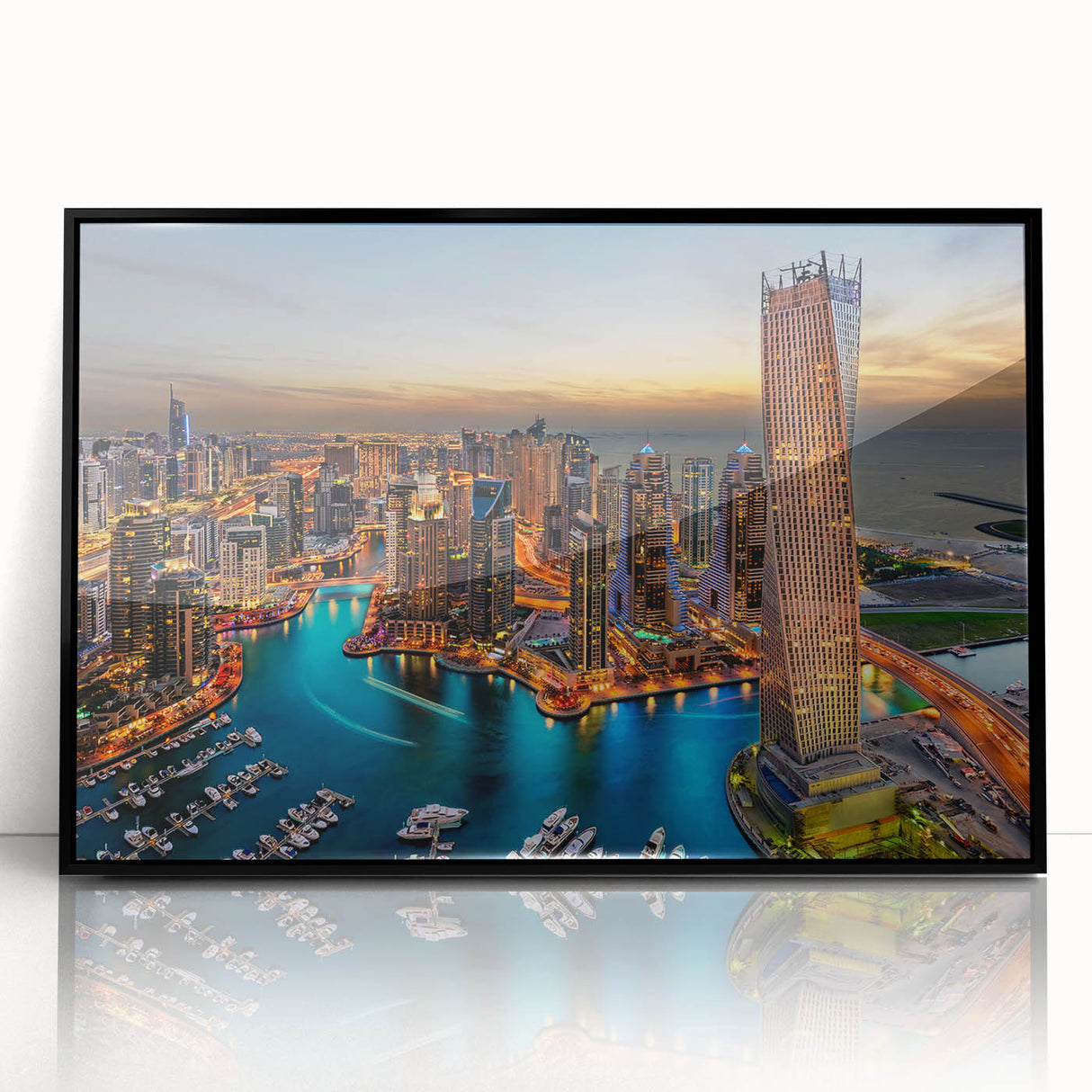 Large abstract wall art of Dubai skyline in muted gray tones on framed acrylic, suitable for modern art wall decor.