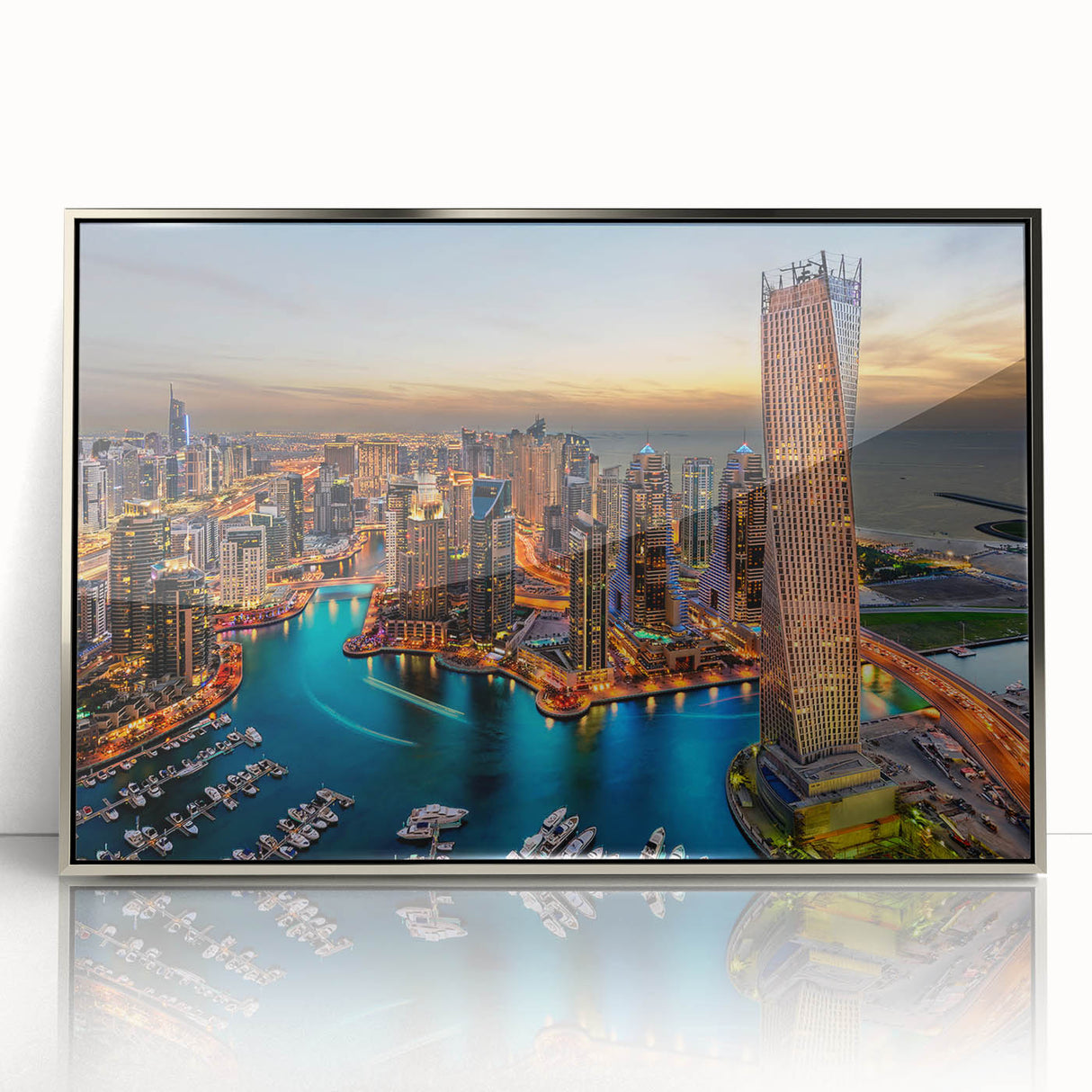 Mid-century modernist art of Dubai skyline in muted silver tones on framed acrylic, suitable for modern art wall decor.