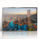 Mid-century modernist art of Dubai skyline in muted silver tones on framed acrylic, suitable for modern art wall decor.