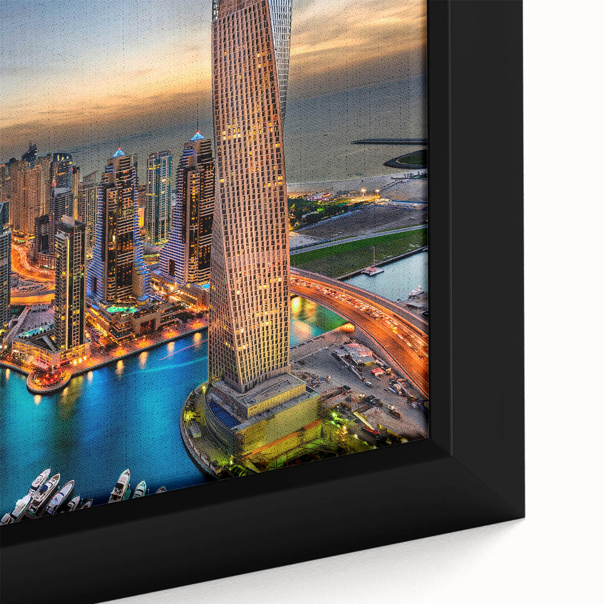 Extra large framed canvas featuring a textured depiction of Dubai's skyline in black with colorful accents.