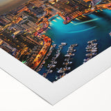 Art deco poster of Dubai skyline in muted gold and blue tones on rolled canvas, suitable for dining room wall art.
