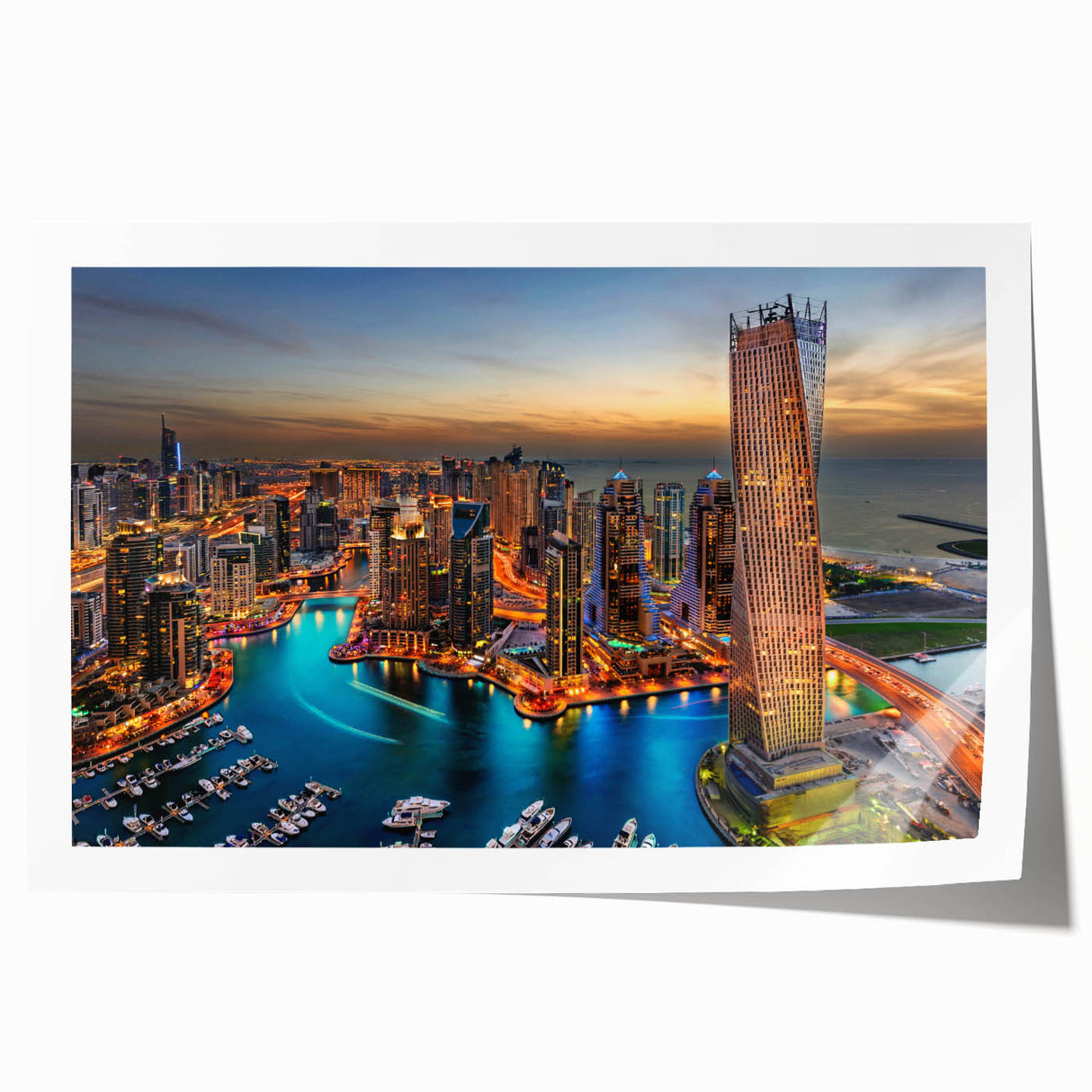 Panoramic Dubai skyline in muted gray tones on a large rolled canvas, suitable for art wall dining room.