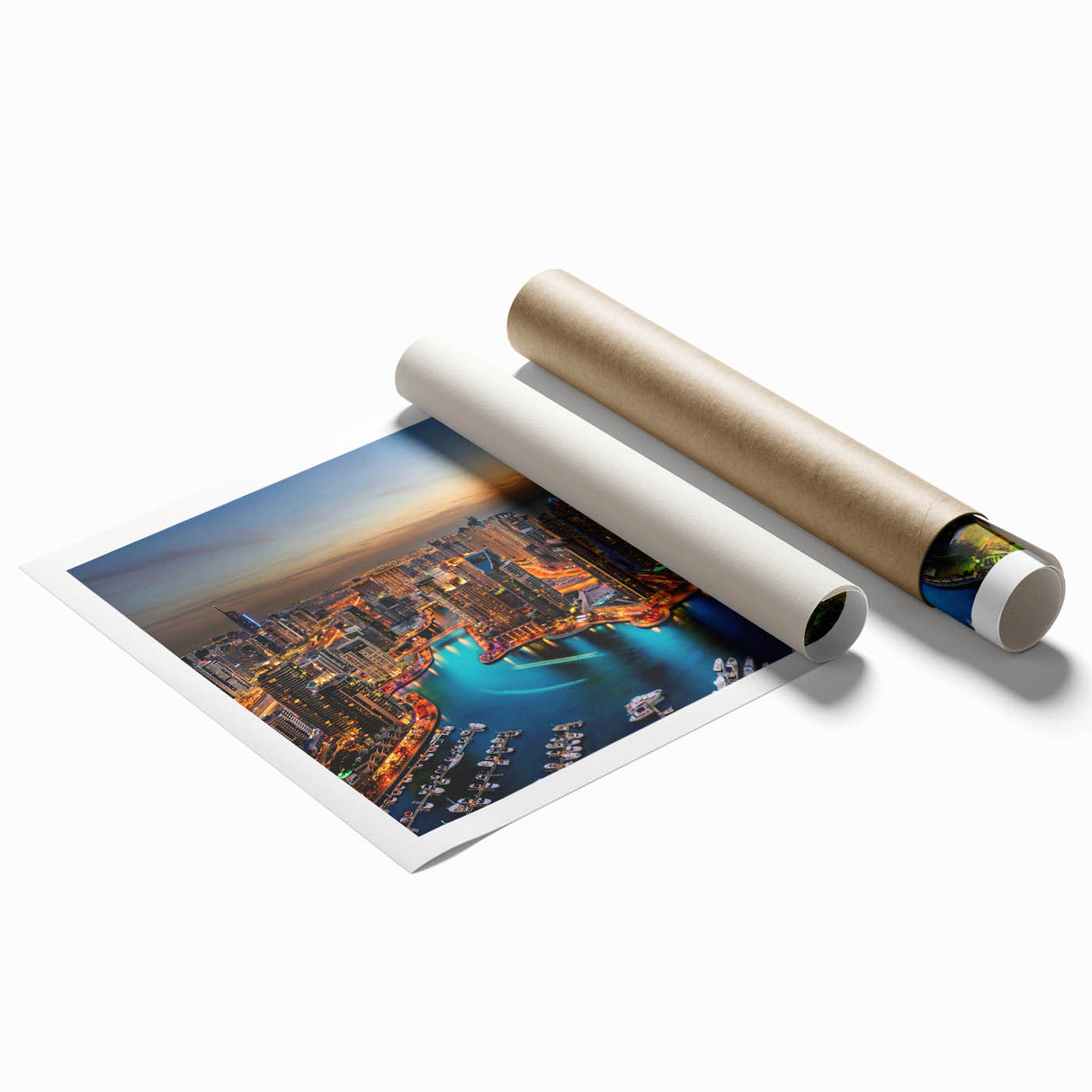 Extra large wall art featuring Dubai skyline in pastel hues on a rolled canvas, ideal for classy bathroom decor.