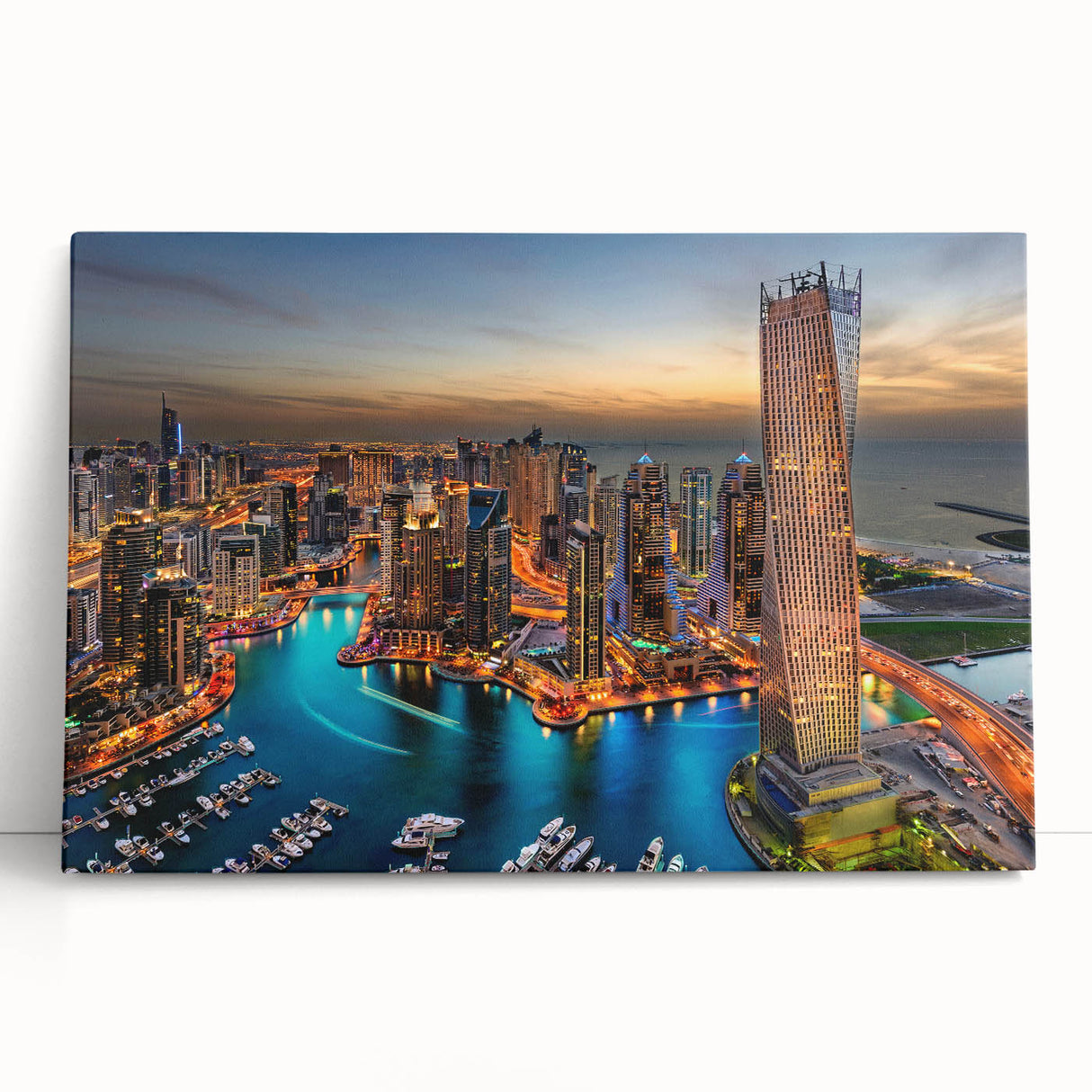 Black and white stretched canvas of Dubai skyline, ideal for kitchen wall art or bedroom ambiance.
