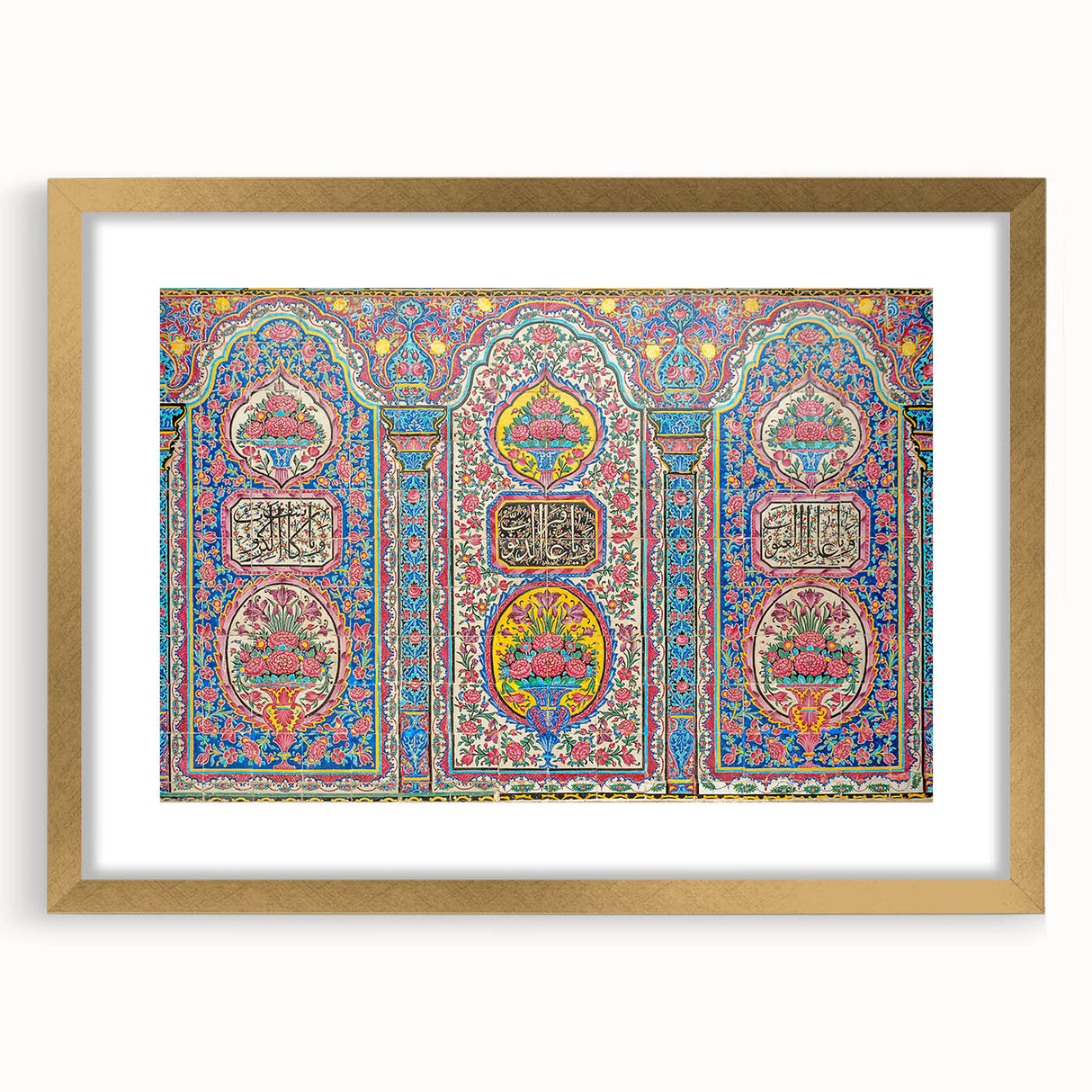 Extra large abstract art print depicting a textured Middle Eastern scenery in gold tones, framed with mat.
