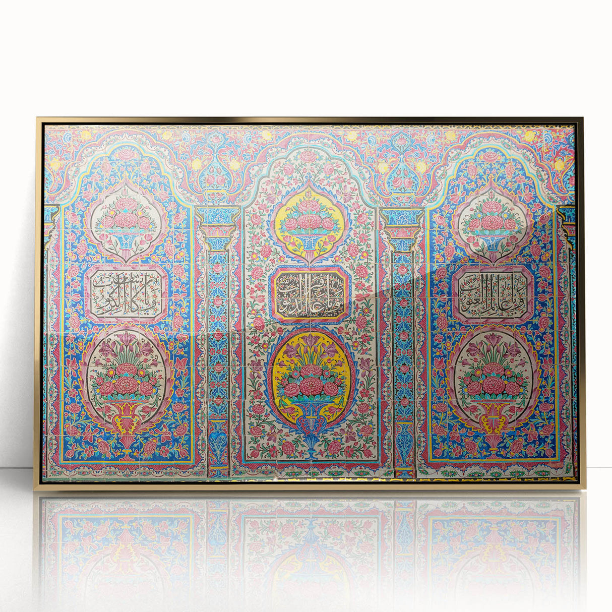 Mid-century modernist large art print of a Middle Eastern scenery in gold tones on framed acrylic.