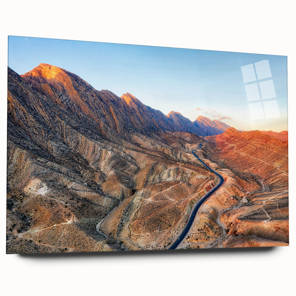 Acrylic print of a large abstract depiction of a Middle Eastern scenery in earthy tones.