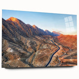 Acrylic print of a large abstract depiction of a Middle Eastern scenery in earthy tones.
