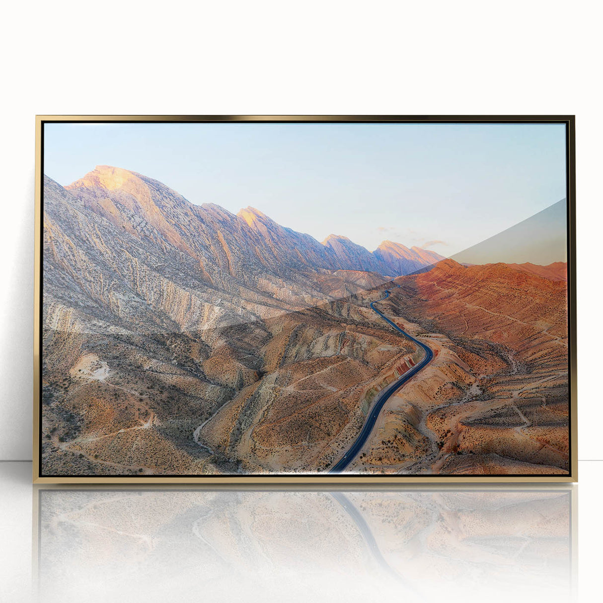 Mid-century modernist style large art print of a Middle Eastern Iraq scenery in gold tones on framed acrylic.