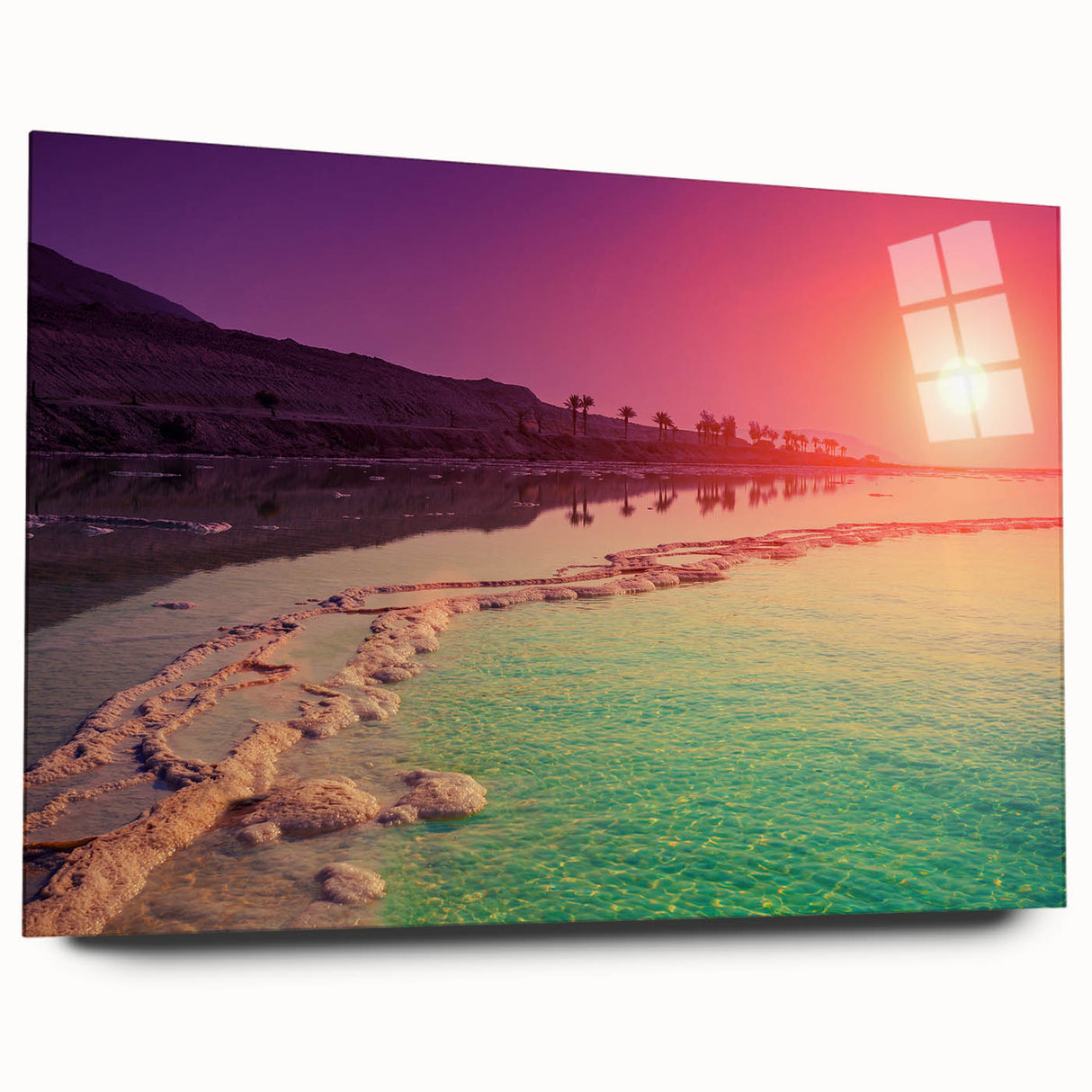 Large abstract depiction of the Dead Sea in muted blue and beige tones on acrylic glass.