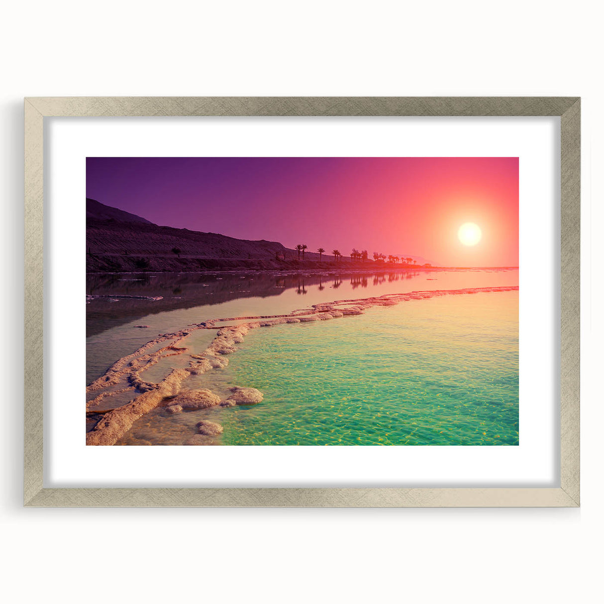 Textured art depicting the Dead Sea in abstract style, with muted blues and grays, framed in silver, ideal for bedroom art.