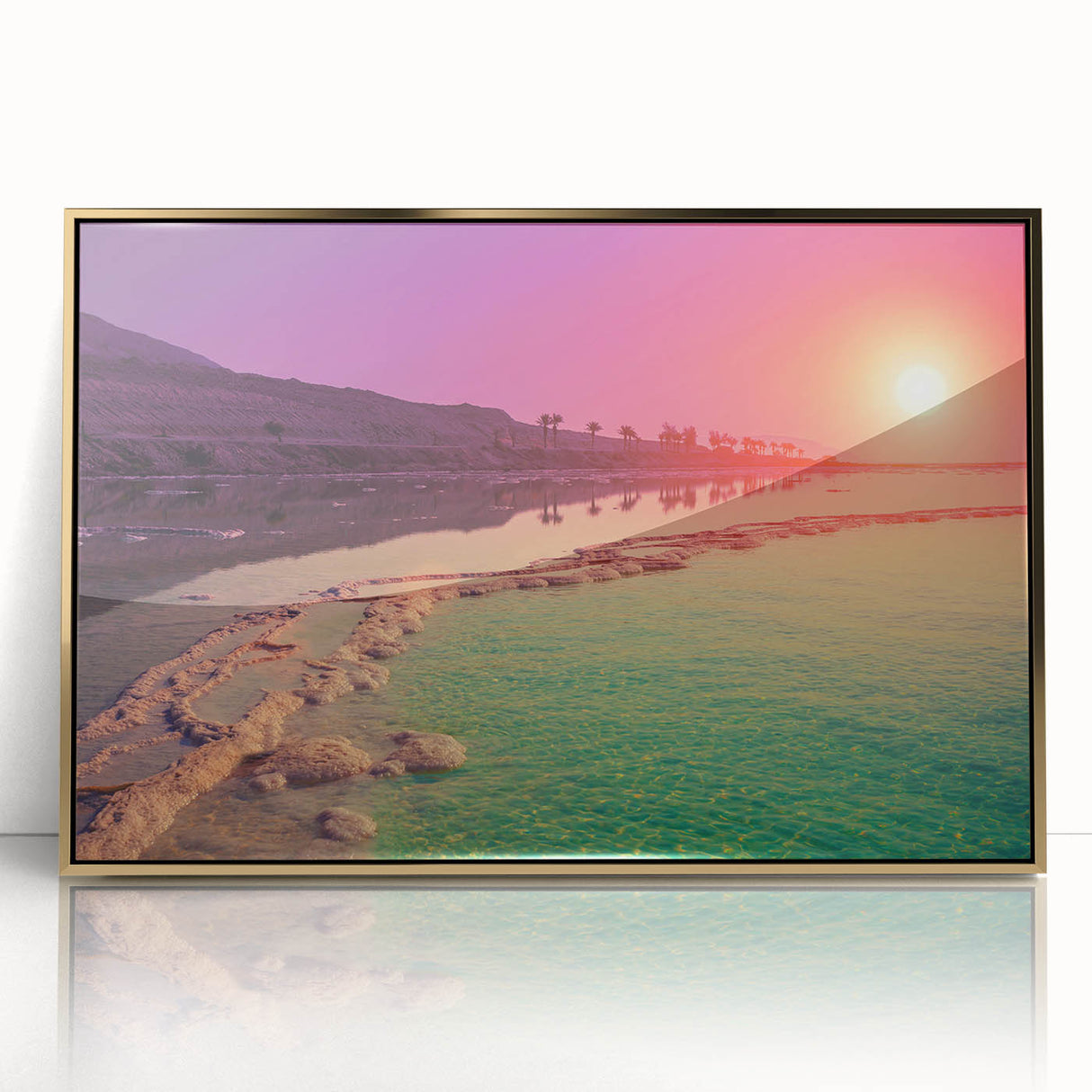Mid-century modernist large art print of the Dead Sea in muted gold and blue tones on framed acrylic.