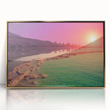 Mid-century modernist large art print of the Dead Sea in muted gold and blue tones on framed acrylic.