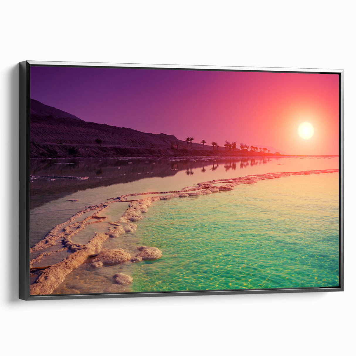 Black and white framed canvas of the Dead Sea landscape in vintage poster style, ideal for bedroom wall art.