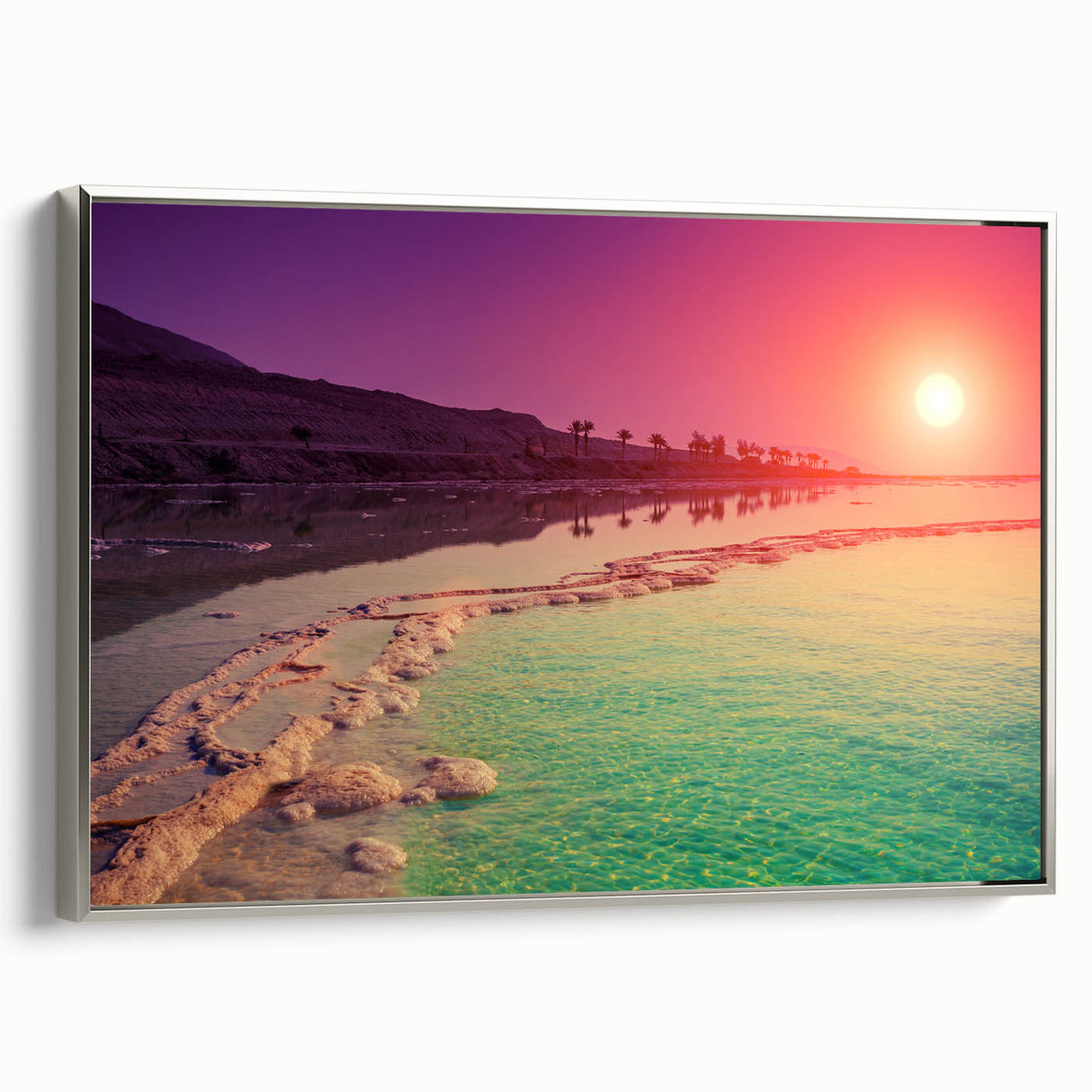 Framed canvas landscape art painting of the Dead Sea in muted blues and silvers, ideal for living room decor.
