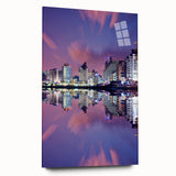 Large abstract wall art of Tel Aviv skyline in muted blue and gray tones on acrylic glass.