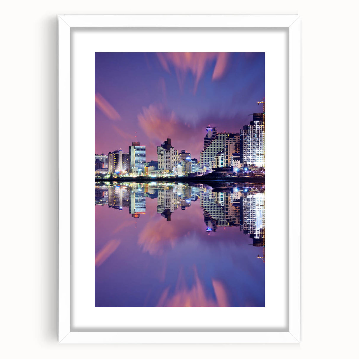 Abstract art print of Tel Aviv skyline in muted blue and white tones on a framed canvas, suitable for dining room decor.