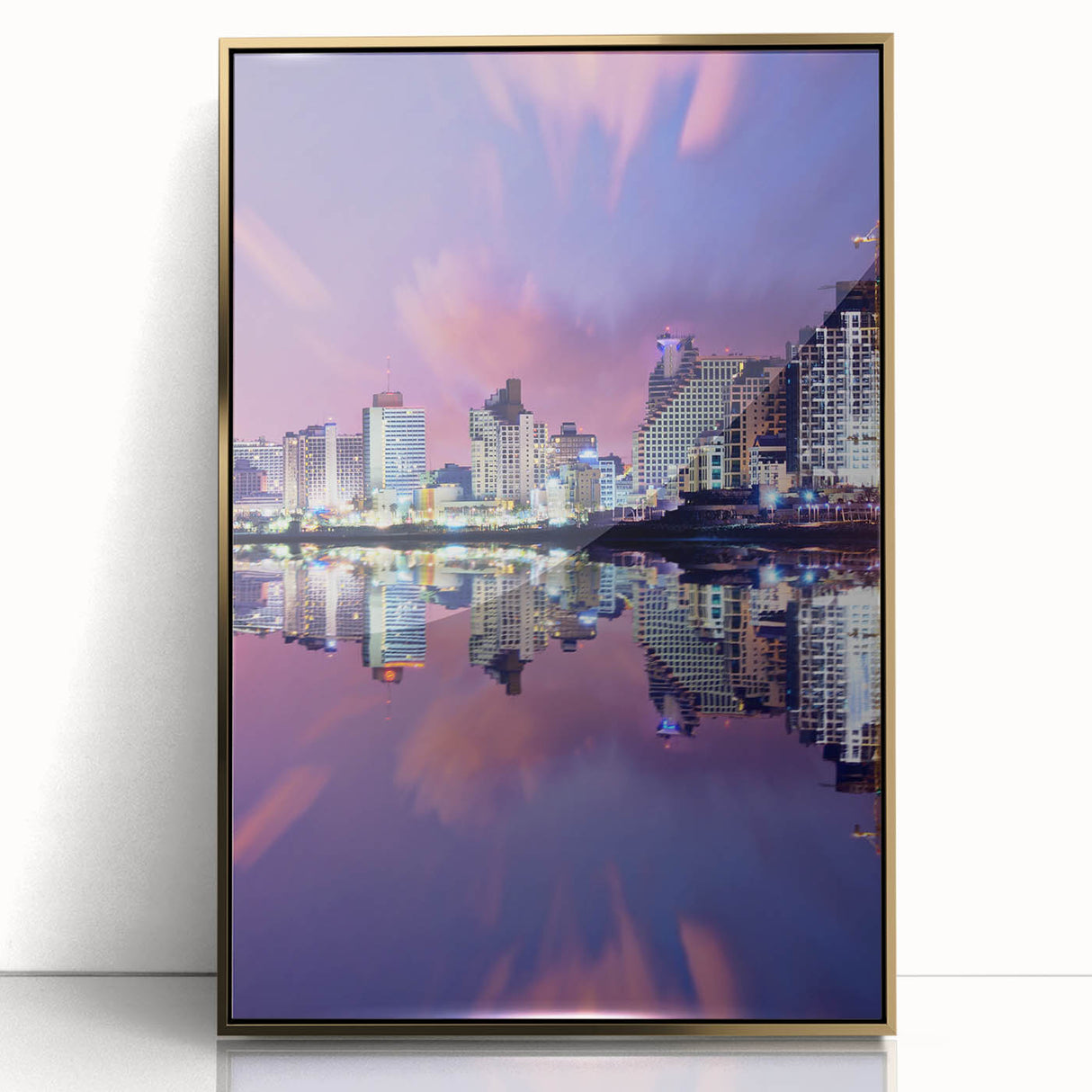 Mid-century modernist style large art print of Tel Aviv skyline in gold and blue tones on framed acrylic.