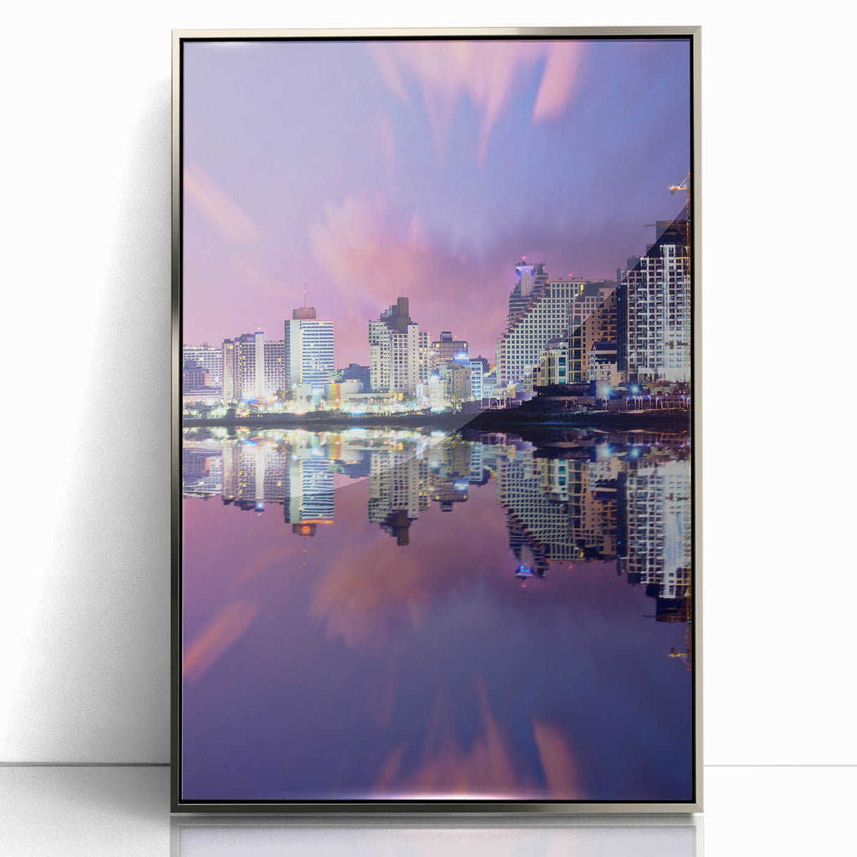 Mid-century modernist art depicting the Tel Aviv skyline in muted silver tones on a framed acrylic panel.