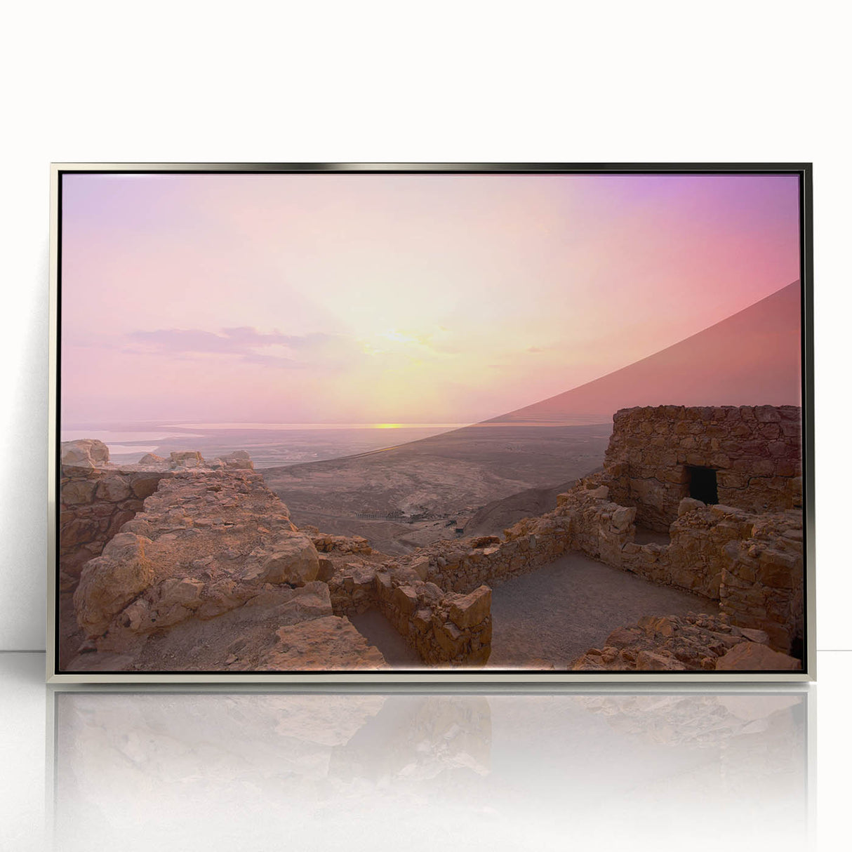 Mid-century modernist art depicting a serene Middle Eastern landscape in muted earth tones, framed acrylic.