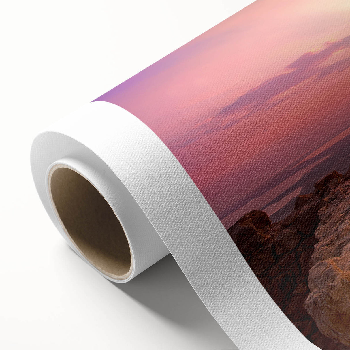 Art deco poster of a Middle Eastern landscape in muted earth tones on rolled canvas.