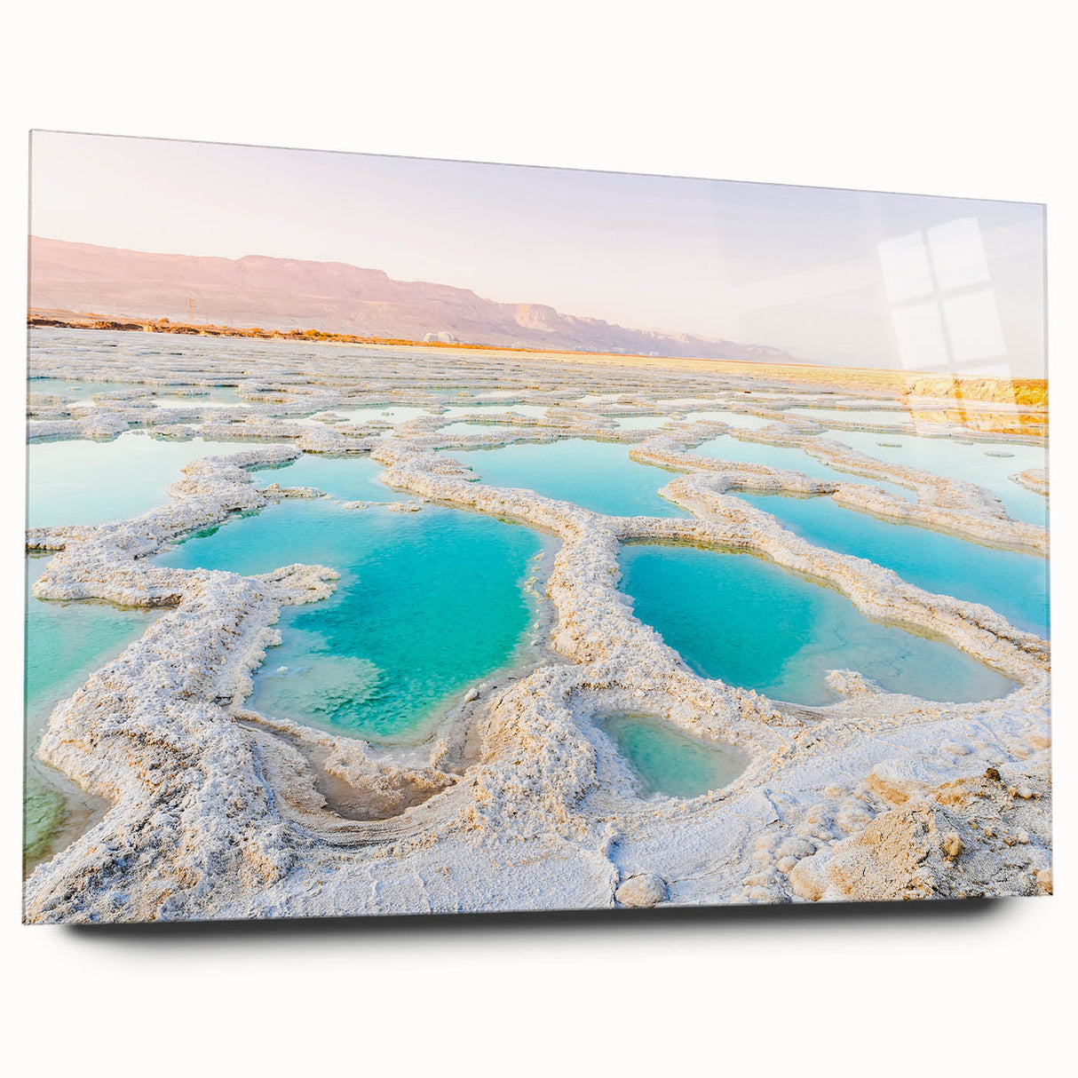 Large abstract wall art of Jordan scenery in muted earth tones on acrylic glass, ideal for bedroom or dining room decor.