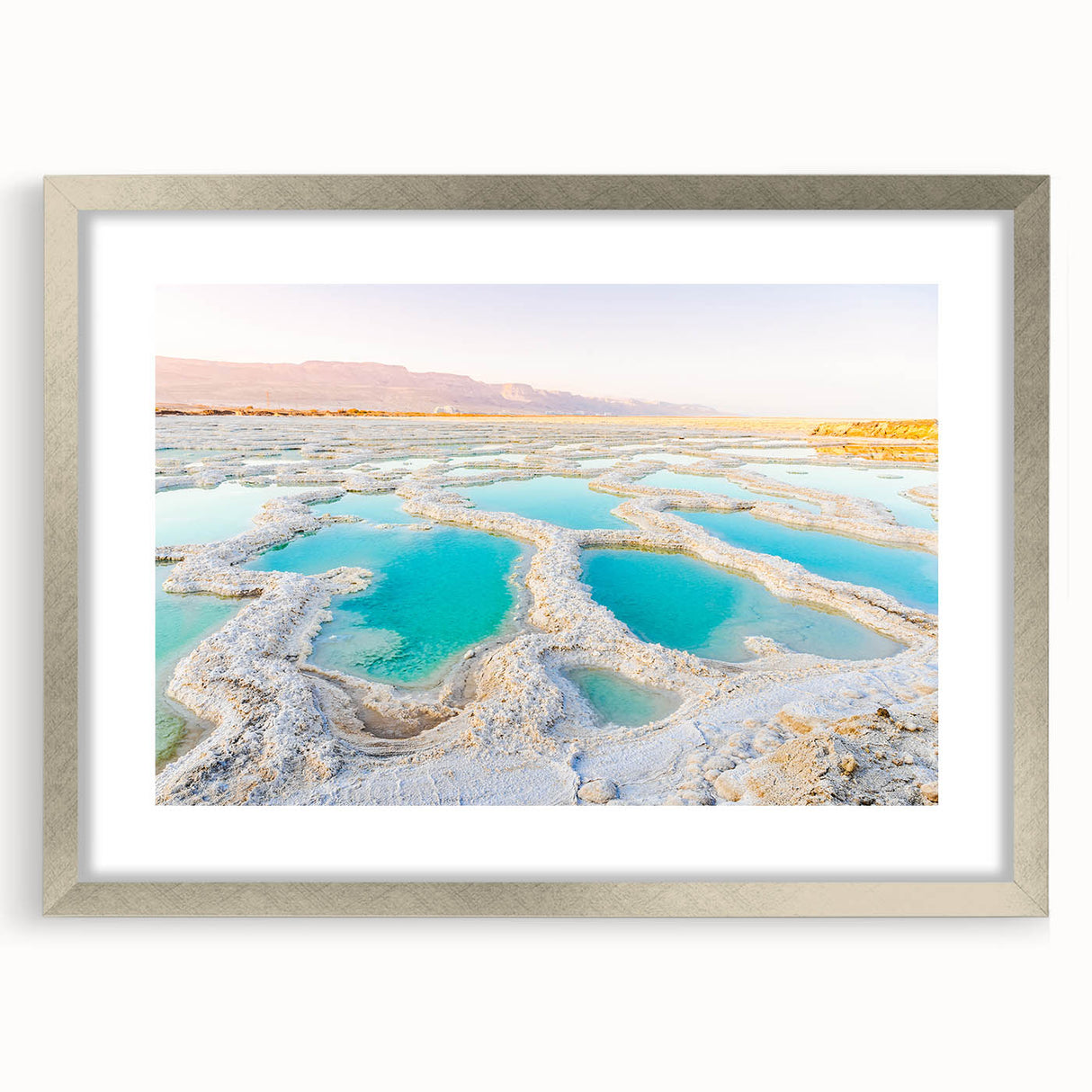 Textured abstract art print depicting a Middle Eastern Jordanian landscape in muted earth tones, framed in silver.