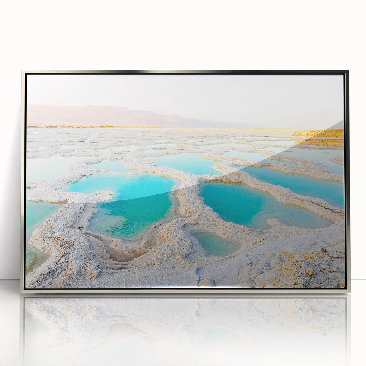 Mid-century modernist art of a Jordanian landscape, featuring muted earth tones on framed acrylic.