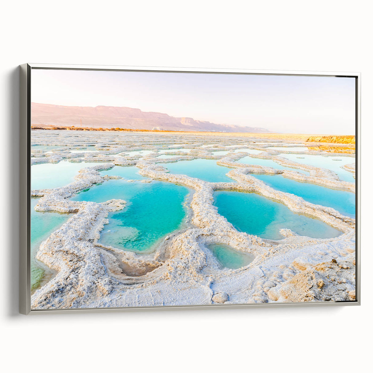 Framed canvas featuring a landscape art painting of Jordan with colorful and vintage poster art elements.