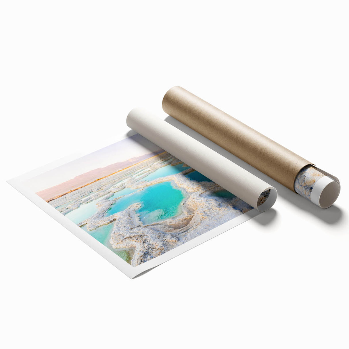 Extra large rolled print depicting a serene Middle Eastern Jordanian landscape in muted earth tones.