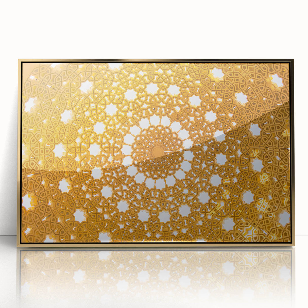 Mid-century modernist style large art print featuring a landscape of Oman in gold and beige tones on framed acrylic.