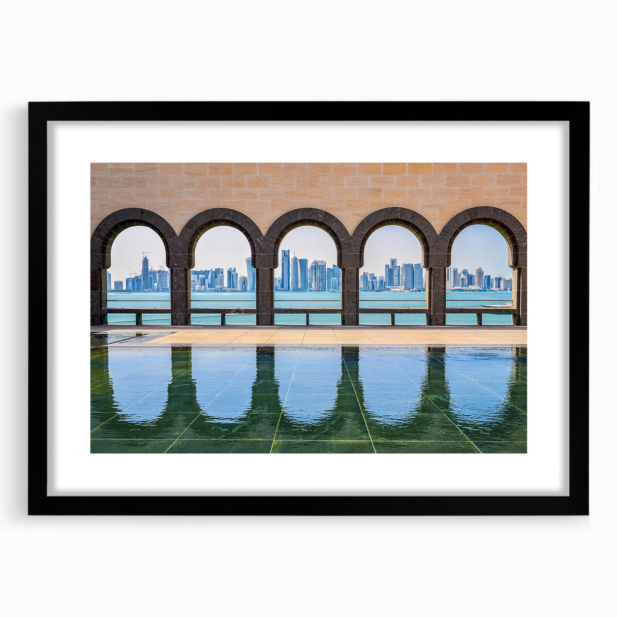 Extra large abstract art print of Middle Eastern scenery in colorful, textured hues on a black framed canvas.