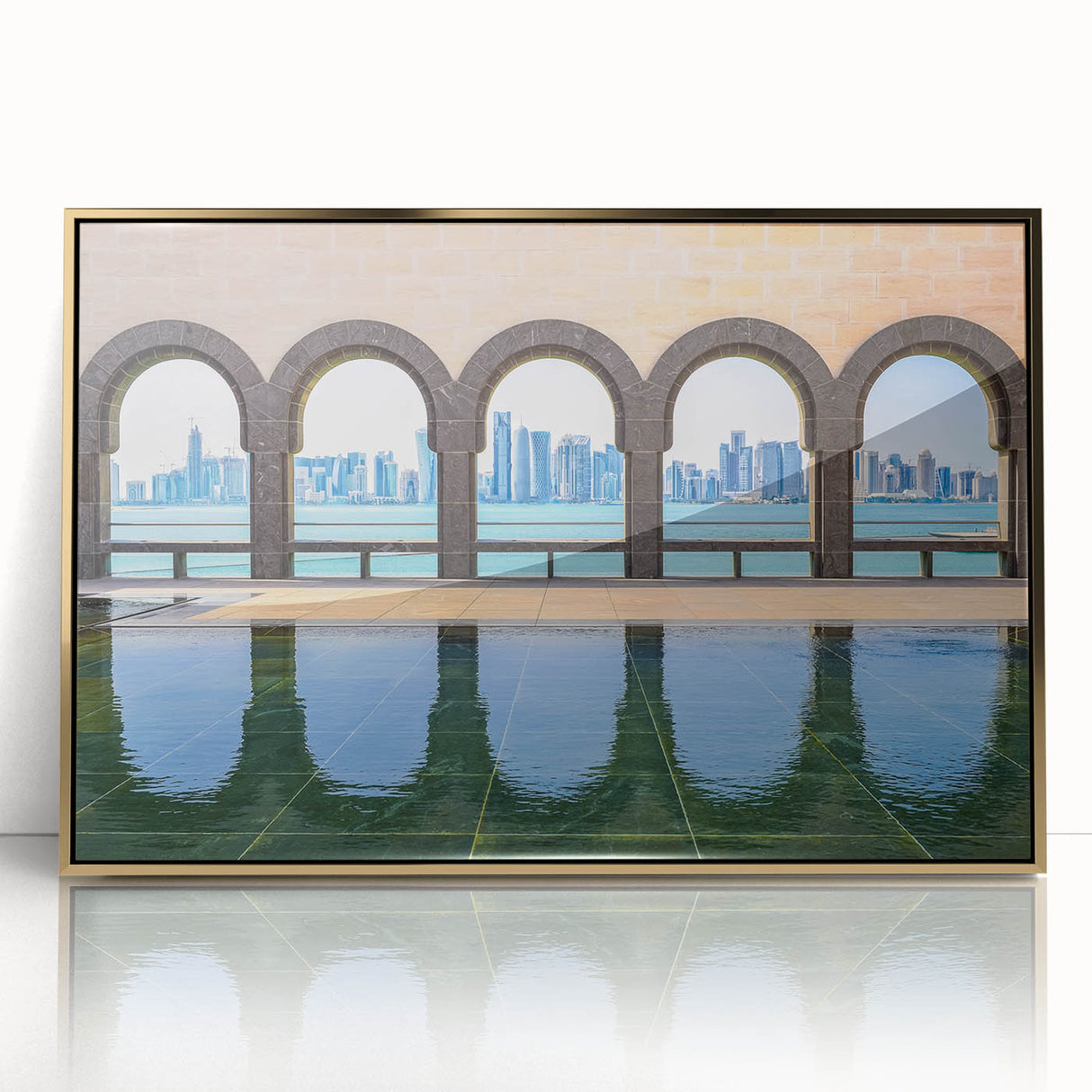 Mid-century modernist art of Qatar scenery in gold tones on a framed acrylic, ideal for modern art wall decor.