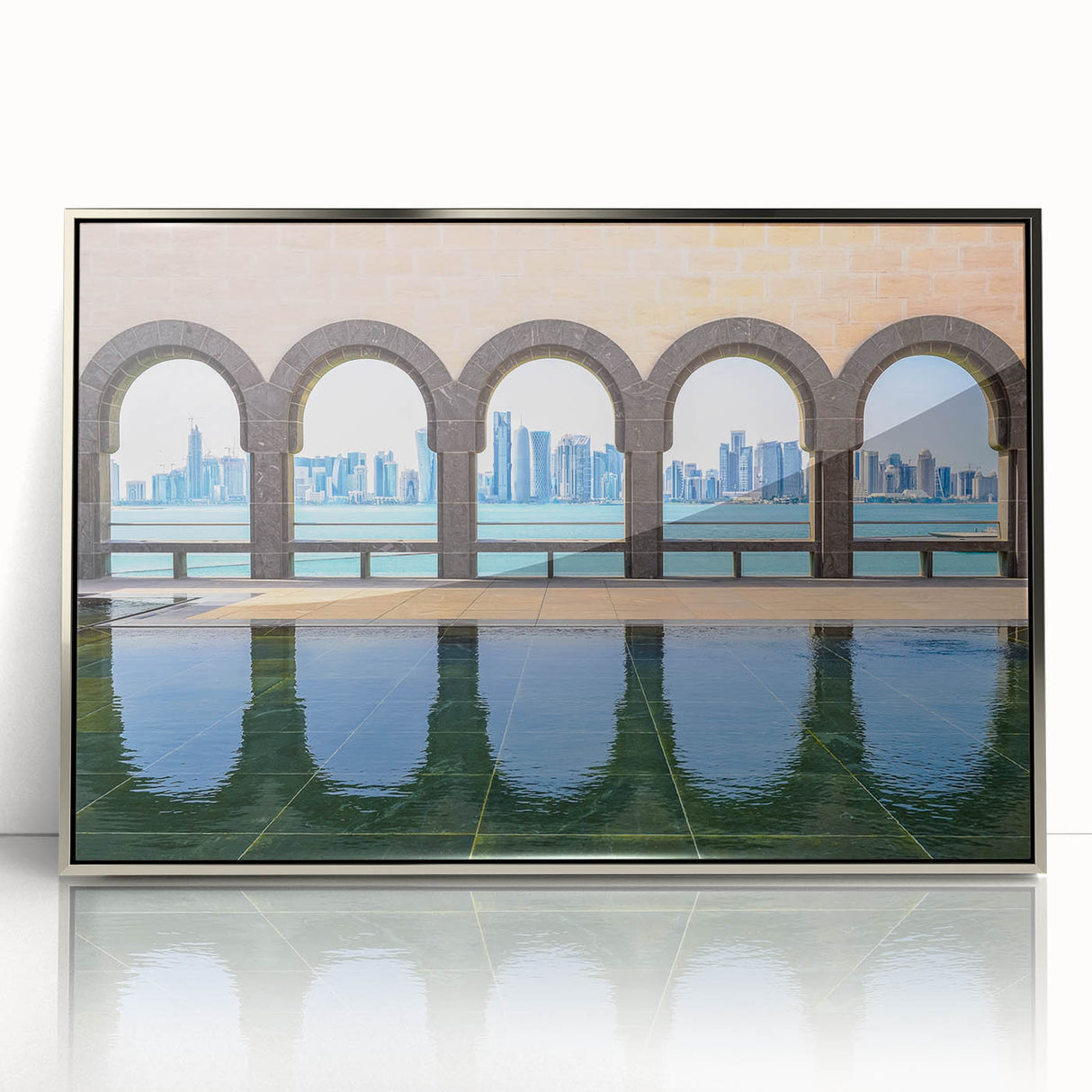 Mid-century modernist art depicting the Qatar skyline in silver and gray hues on a framed acrylic print.