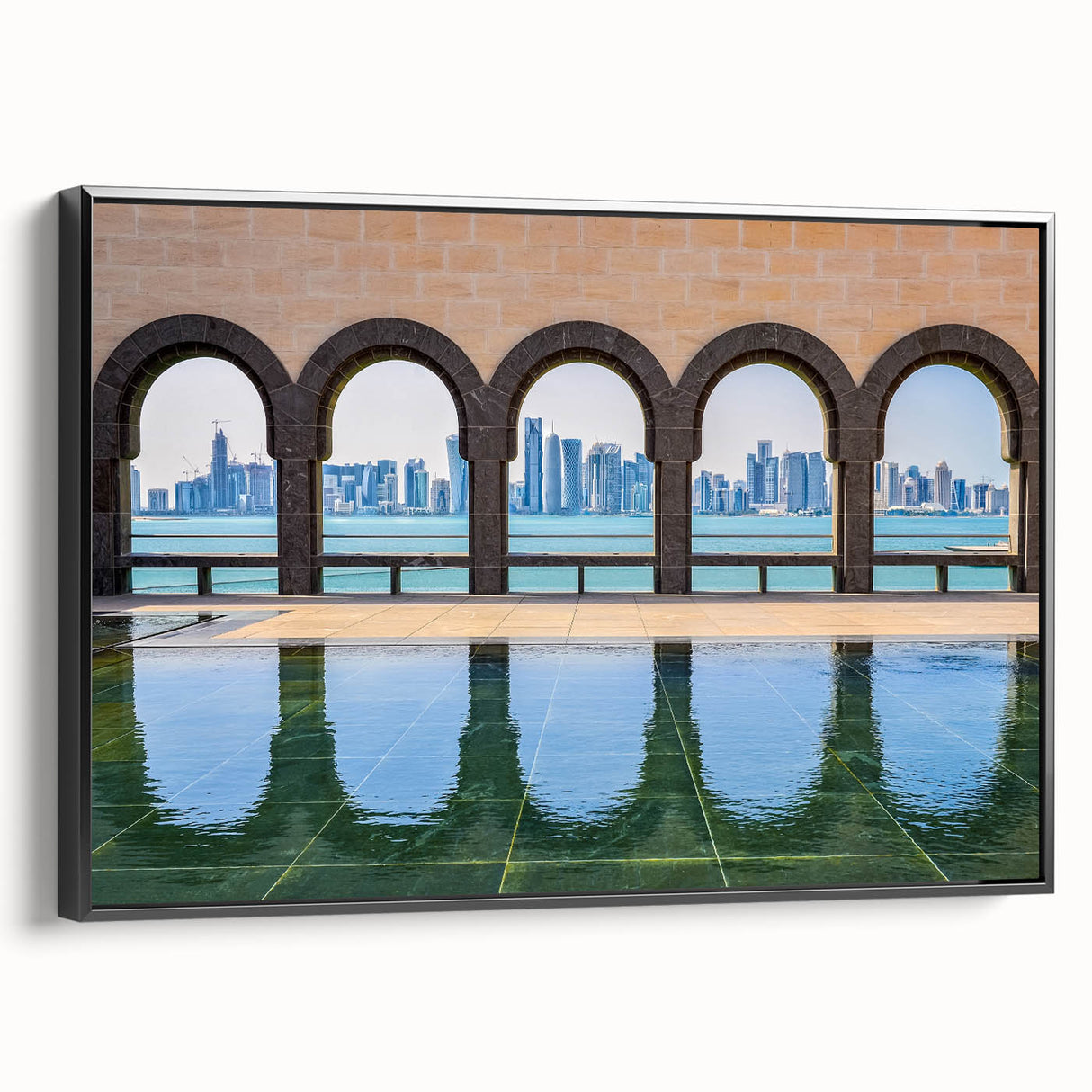 Black and white framed canvas of a vintage-style Qatar landscape, ideal for bedroom wall decor.