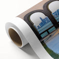 Art deco poster of a Qatar scenery in muted earth tones on rolled canvas, suitable for dining room decor.