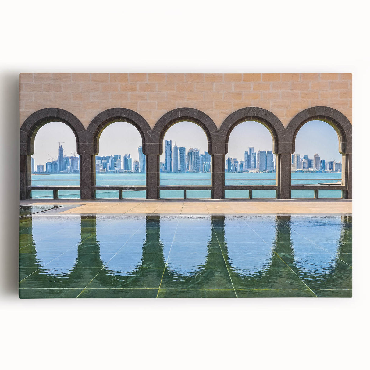 Black and white panoramic view of Qatar skyline on large stretched canvas, suitable for kitchen art.