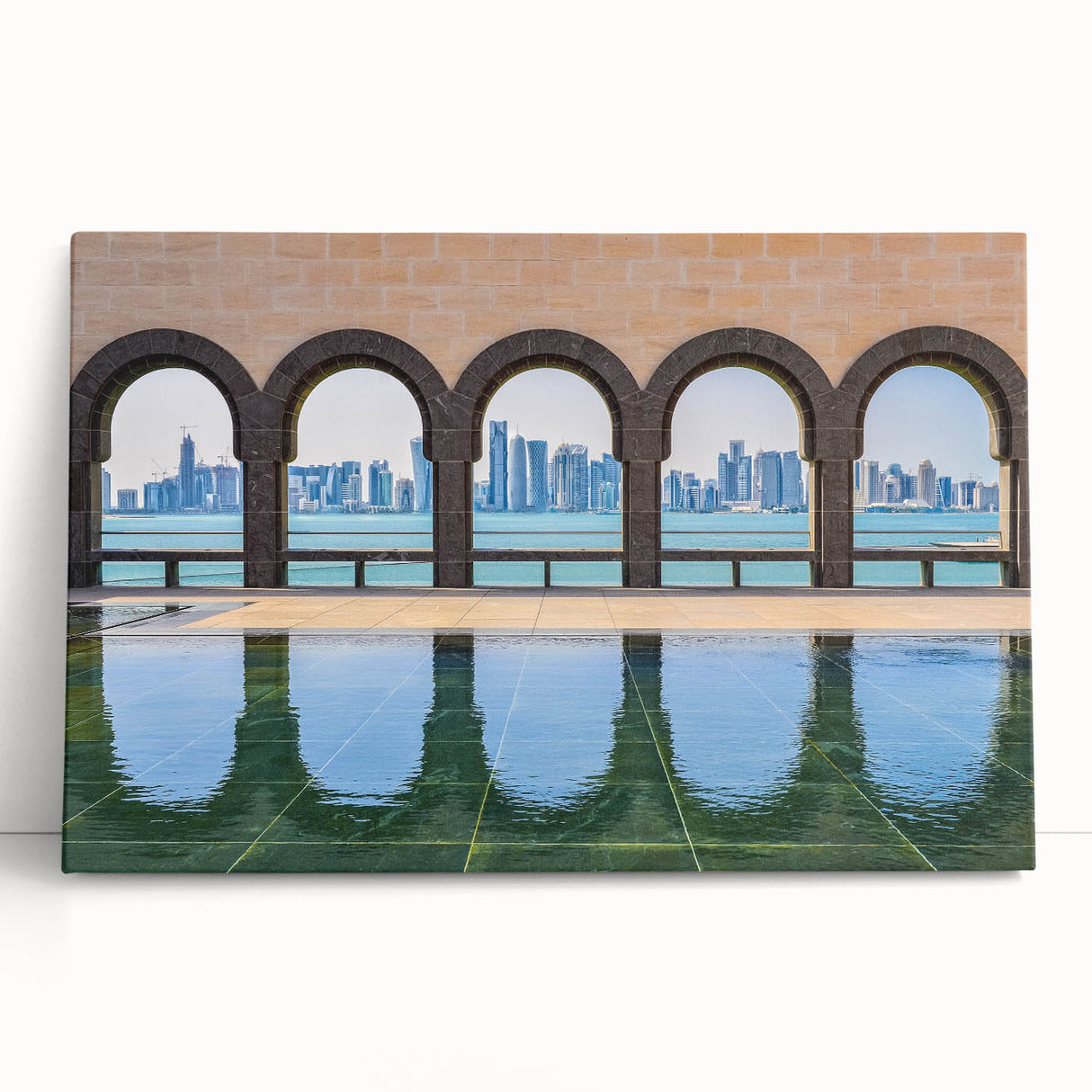 Black and white stretched canvas of Qatar skyline, ideal for kitchen wall art or bedroom ambiance.